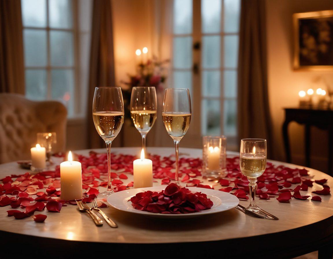 A tasteful scene depicting a seductive atmosphere with soft, warm lighting, showcasing an elegantly set table for two with candles and rose petals. Include two intertwined silhouettes in the background, symbolizing intimacy and connection. Envelop the scene in a dreamy haze to evoke romance, and add subtle hints of luxury with champagne flutes and fine dining. sensual, atmospheric, soft focus, warm tones.
