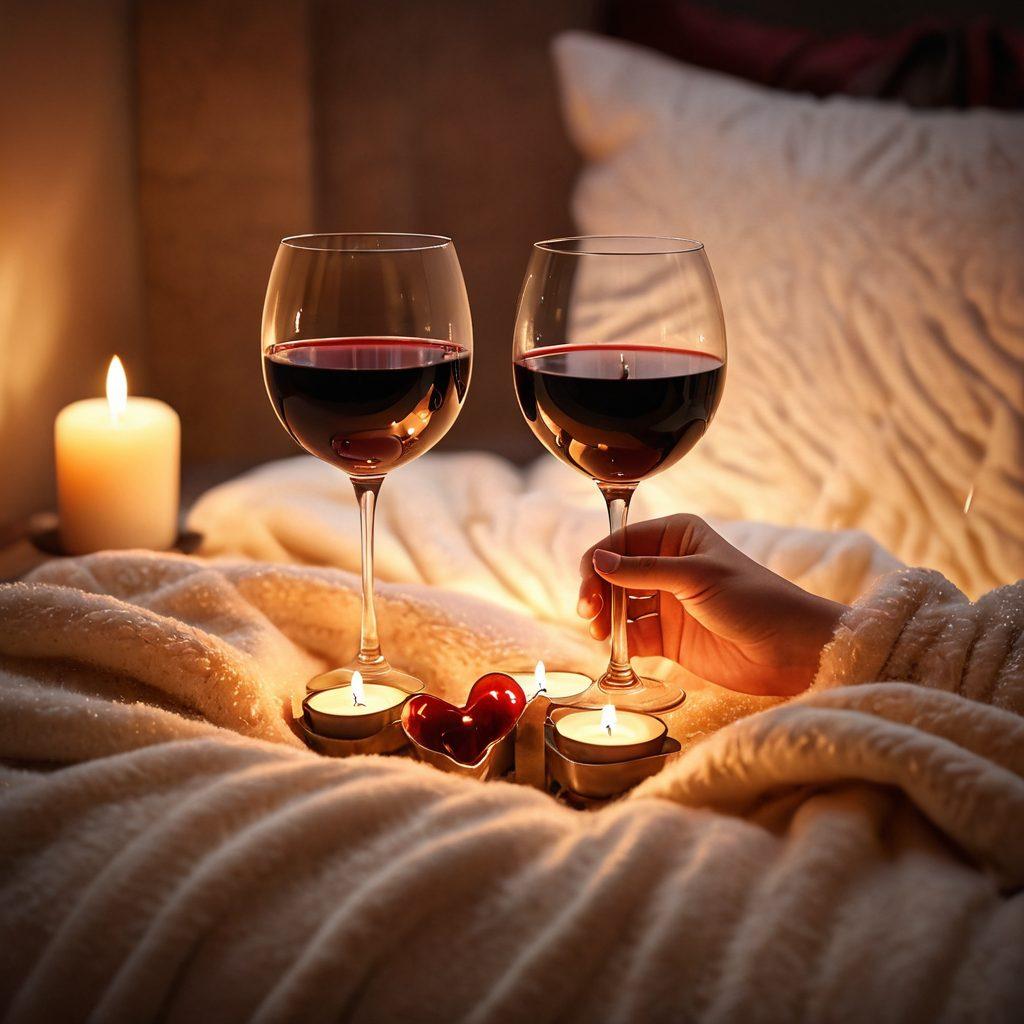 A cozy and inviting candlelit setting that represents a romantic evening, featuring two wine glasses and a soft, luxurious blanket. Subtle hints of passion are shown through intertwined hands and a heart-shaped cushion in the background, embodying intimacy and connection. Warm, inviting colors enhance the ambiance, creating a serene atmosphere. super-realistic. vibrant colors. soft focus.