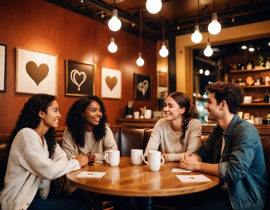 A diverse group of young adults engaged in a heartfelt conversation at a cozy café, with warm lighting and comfortable seating. Surround them with subtle symbols of deep connections, like intertwined vines or heart-shaped elements in the background. Showcase a sense of openness and vulnerability on their faces, hinting at the quest for meaningful relationships beyond casual encounters. soft focus. warm colors. cozy atmosphere.
